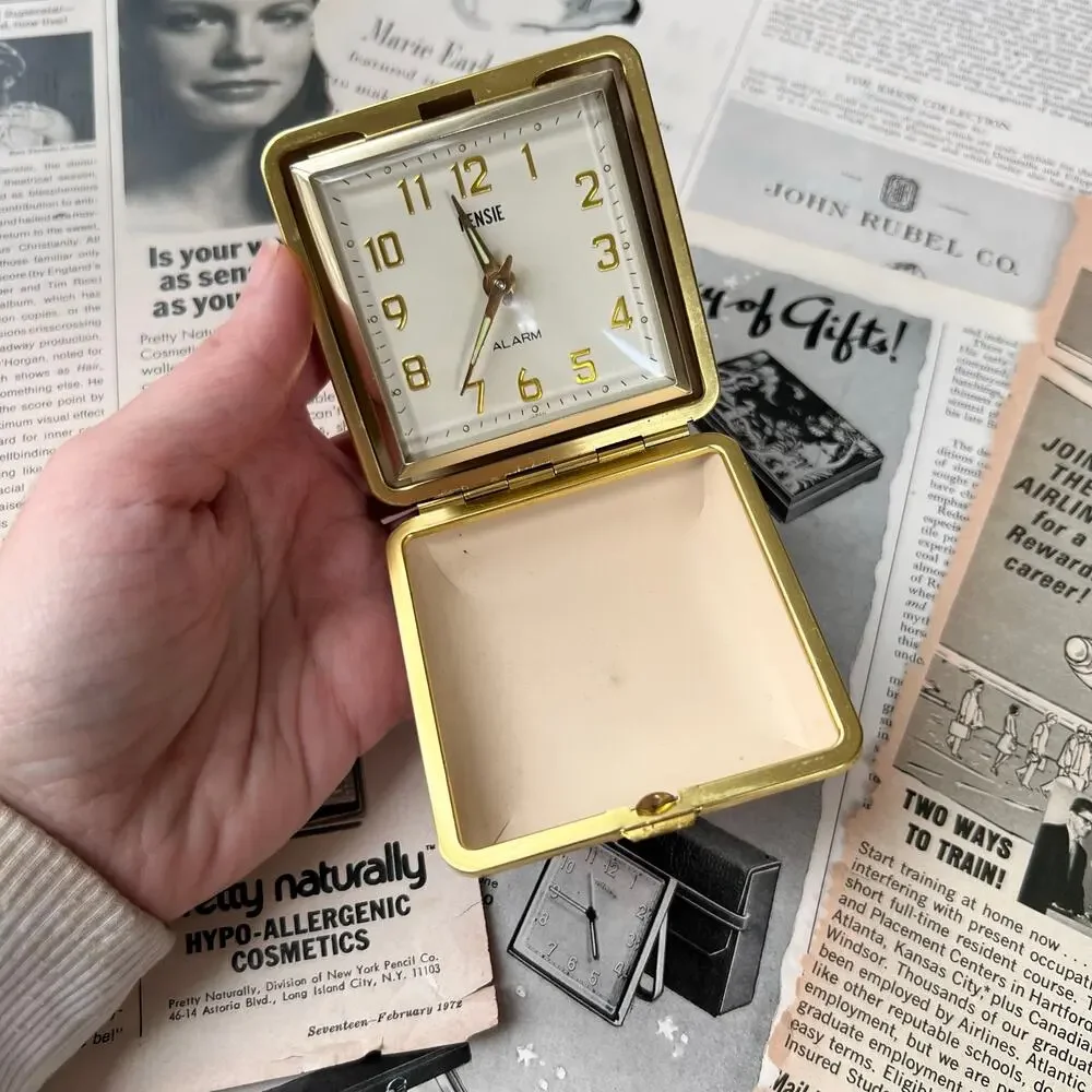 Vintage 1950s Rensie Red Travel Alarm Clock Japan Brass Folding Case Working